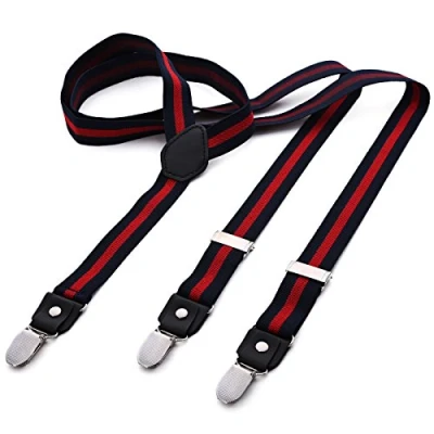 Immagine di DonDon Bretelle da uomo eleganti strette 2,5 cm con 3 clip extra forti e toppa in pelle a righe beige verdi Nero Bianco Rosso