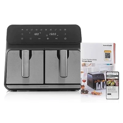 Immagine di InnovaGoods® friggitrice ad aria 8 litri, 3400W, airfryer +100 ricette in IT, 10 programmi, touch screen, temporizzatore e flusso d&#039;aria a 360, Air fryer 2 zone di cottura indipendenti