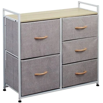 Immagine di BAKAJI Cassettiera in Tessuto con 5 Cassetti Struttura Metallo e Piano Superiore MDF, Mobile Versatile Capiente Ideale per Ingresso, Camera da Letto, Soggiorno, 77,5x83x29 cm (Grigio)