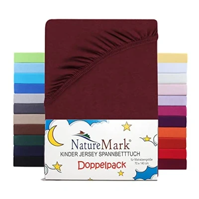 Immagine di NatureMark Set di 2 lenzuoli con angoli elasticizzati per bambini, in jersey, 100% cotone, culla e 70 x 140 cm Bordeaux rosso