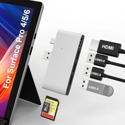 Immagine di Surface Pro 6/5/4 Docking Station Hub USB 4/5/6 Adattatore con porta HDMI 4K, 3 porte 3.0 (5 Gps), Lettore di schede memoria SD e TF/Micro Accessori Pro, Aluminium