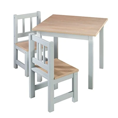 Immagine di roba Set Tavolo + 2 Sedie per Bambini Woody Resistente ai Graffi da Anni in su Cameretta, Giardino, Terrazza Legno Bicolore Grigio e Naturale