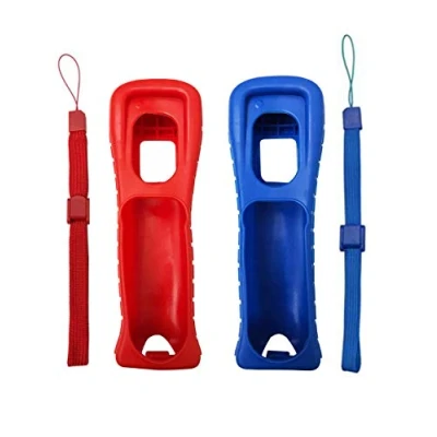 Immagine di 2 x Custodia in silicone con cordino da polso per Nintendo Wii Remote controller (rosso + blu)