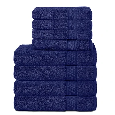 Immagine di Komfortec Set di 8 asciugamani in 100% cotone, 4 teli da bagno 70 x 140 e 50 100 cm, spugna, morbido, Towel, grande, blu navy