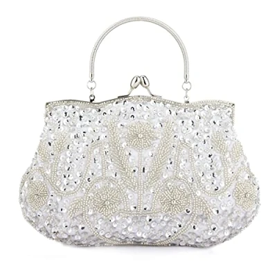 Immagine di borsa da donna con perline, collezione floreale antica, sera, borsetta stile designer, pochette grande color argento