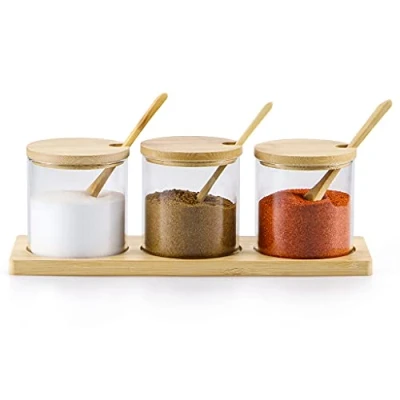 Immagine di Skelang Barattoli di vetro, barattolo per spezie con cucchiaio e coperchio, conservare gli alimenti in cucina, tè, caffè, zucchero, sale, confezione da 3