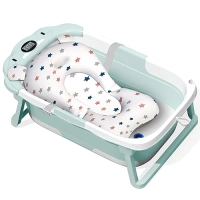Immagine di ITMNMNL Vaschetta Bagnetto Neonato Pieghevole,Vasca Bagnetto,Bagnetto Neonato,Vasca per Bambini Portatile Multiuso con Tappetino Antiscivolo e Foro di Scarico,Visualizzazione del Termometro