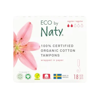 Immagine di Eco by Naty Tamponi senza applicatore Normal Assorbenti a base vegetale, prodotti mestruali in cotone biologico, migliori per la salute femminile (18 pezzi)