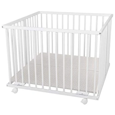 Immagine di WALDIN box/recinto per bambini circa 100 x cm, FAGGIO MASSELLO, regolabile in altezza, 2 modelli tra cui scegliere, naturale non trattato, colore tessile bianco/punti grigi