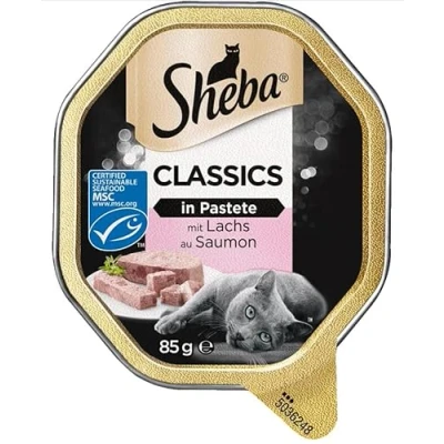 Immagine di Sheba cibo per gatti Classics in patè con salmone, 11 ciotole da 85 g, umido di alta qualità, come pezzi sottili