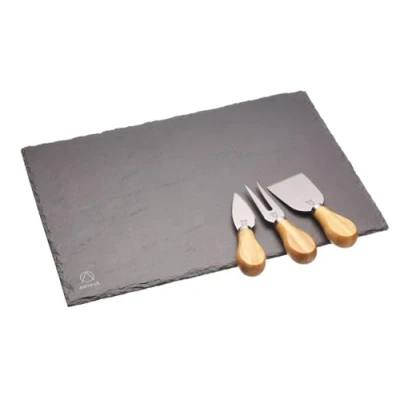 Immagine di Artesà Set Tagliere / Vassoio in Ardesia Naturale e 3 Coltelli da Formaggio Acciaio Inossidabile Legno d&#039;Acacia, Confezione Regalo Inclusa, 4 Pezzi