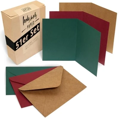 Immagine di Japun Set di 51 biglietti pieghevoli vuoti comprese buste, da progettare, etichettare o stampare DIN A6 / C6 marrone rosso verde