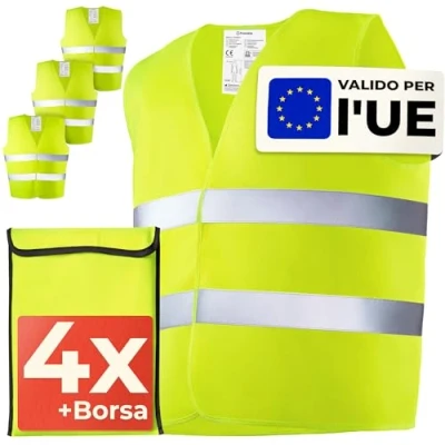 Immagine di Prowiste 4 Gilet Alta visibilità Set con Borsa Certificato EN ISO 20471, Valido in Tutta Europa Ideale per Auto, Costruzione Taglia Unica Giallo