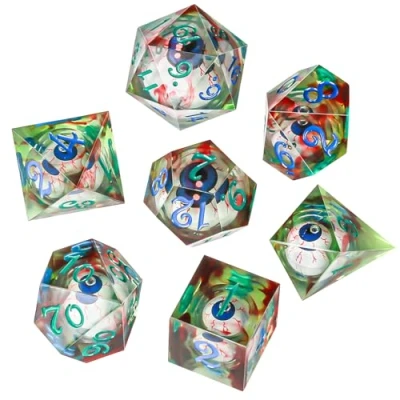 Immagine di Set di dadi DnD OriCraft con occhi mobili all&#039;interno Dungeons and Dragons poliedrici per giochi ruolo D20 7 Halloween verdi