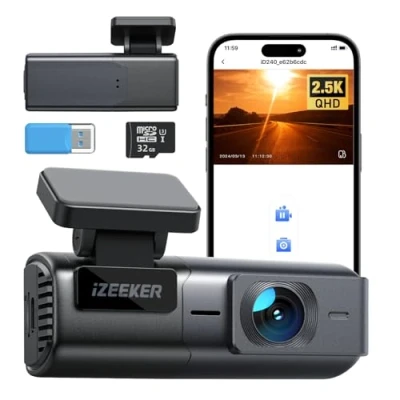Immagine di iZEEKER 2.5K Dash Cam WiFi Camera per auto, Mini telecamera auto 1440P Dashcam anteriore con App, scheda 32GB gratuita, visione notturna, WDR, G Sensor, registrazione in loop, modalità di par