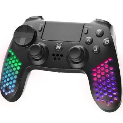 Immagine di NITHO Controller Leggero Wireless per PS4, da Gioco Compatibile con PS4/PC/Android/iOS, Design Esagonale Gamepad Joystick Luci RGB/Vibrazione/Sensori a 6 Assi