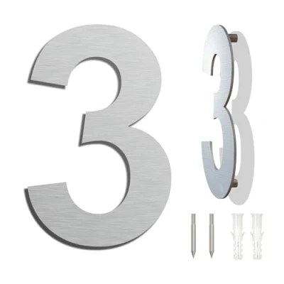 Immagine di spazzolato moderno numero civico 8 pollici 203 mm altezza, in solido acciaio INOX 304, galleggiante aspetto e facile da installare (Numero 3 Tre)