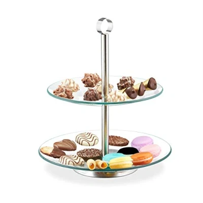 Immagine di Relaxdays Alzata a 2 Piani, Vassoio Rotondo, Alzatina, Centro Tavola, Espositore, Vetro, Acciaio, Argento/Trasparente