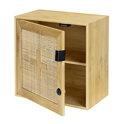 Immagine di WENKO Armadio Allegre con Serratura per riporre medicinali in bambù e Rattan Stile Bohémien, Materiale di Fissaggio, 30 x 17,8 cm, Colore Naturale