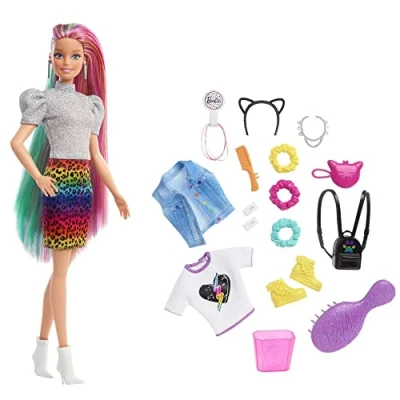 Immagine di Barbie ​Bambola Capelli Multicolor con Funzione Cambia Colore, Include Cerchietto e Borsa a Forma di Gatto Accessori Tema Leopardo, Giocattolo per Bambini 3+Anni, GRN81