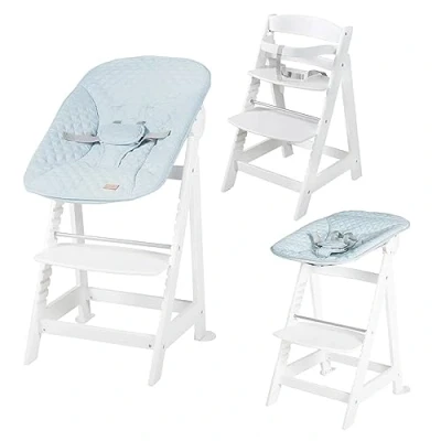 Immagine di roba Seggiolone Evolutivo Born Up 2 in 1, Sdraietta Style Azzurra Reclinabile, Fodera Impermeabile, Altezza Regolabile, Robusto e Resistente, Ergonomico, fino ai 70 kg, Legno Laccato Bianco