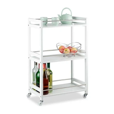 Immagine di relaxdays Carrello Cucina con 3 Ripiani, Mobile Ruote, in bambù, Legno MDF &amp; Acciaio, Bianco, Pannelli, 80,5 x 51 30 cm