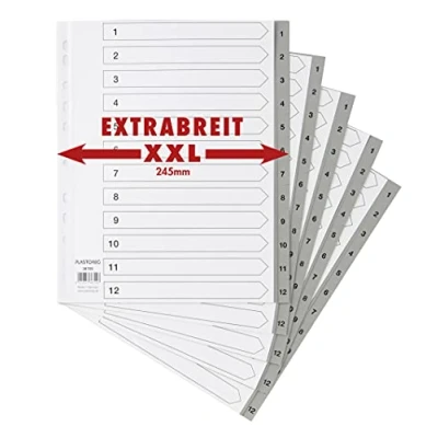 Immagine di Set di 5 divisori XXL da 12 pezzi, extra larghi, in PP, completamente coperti con copertina carta resistente, larghi per organizzare i raccoglitori ufficio