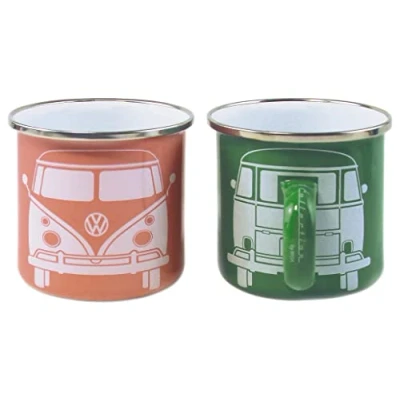 Immagine di Brisa VW Collection Volkswagen Set di 2 Tazze in Metallo smaltato da tè, caffè, Latte, Cappuccino, Campervan Bus T1 Design 350 ml x2 (Verde &amp; Rosa)