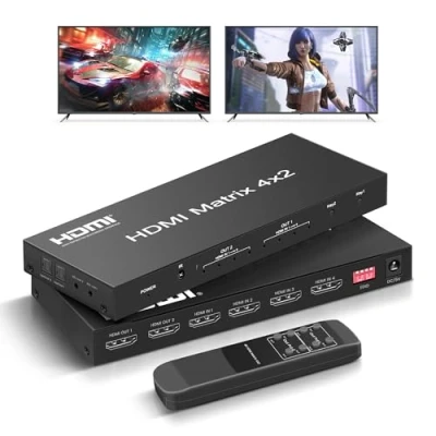 Immagine di FERRISA 4x2 HDMI Matrix Switch,4 in 2 Out Video Switcher Splitter + Optical &amp; L/R 3.5mm Output, Supporto Ultra HD 4K x 2K, 3D 1080P, Estrattore Audio EDID con telecomando IR