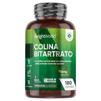 Immagine di Integratore di Colina Bitartrato 714mg, Contribuisce al Mantenimento della Normale Funzione Epatica, 180 Capsule WeightWorld Alto Dosaggio (3 Mesi), Senza Glutine