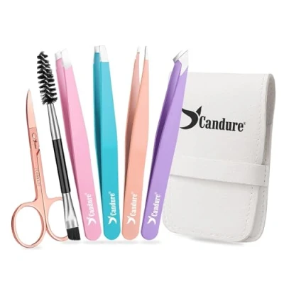 Immagine di Candure Pinzette Sopracciglia Professionale 6 Pezzi con Piccole Forbici Utilizzate per Bellezza, Trucco, Peli Naso e Schegge Pinzetta Precisione Custodia Pelle Uomo Donna