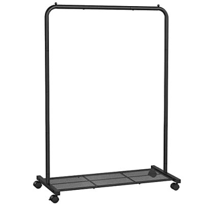 Immagine di SONGMICS Appendiabiti, Struttura in Metallo, Portabiti Largo 91 cm, con Ripiano Portaoggetti e Rotelle, 2 Ruote Freni, Portata della Barra Appendiabiti di 40 kg, Nero HSR25BK