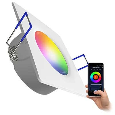 Immagine di linovum WEEVO Faretto da incasso piatto bianco &amp; quadrato IP44 7 W LED Spot Wifi RGB compatibile con Alexa Google Home controllabile tramite app