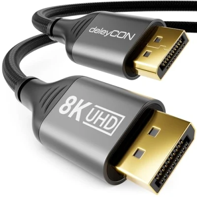 Immagine di deleyCON 2m Cavo DisplayPort 1.4 (8K@60Hz 4K@165Hz 2K@360Hz) UHD WQHD HDR HDCP 2.2 AMD FreeSync NVIDIA G Sync Ideale per Monitor da Gioco e Scheda Grafica Grigio Nero