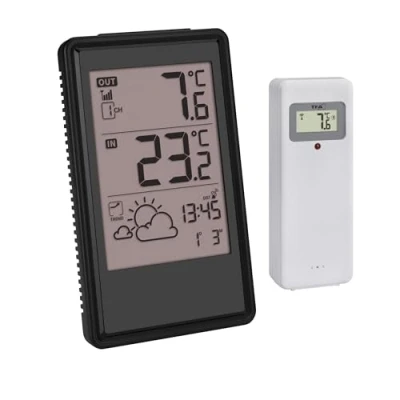 Immagine di TFA Dostmann Stazione meteo radio con trasmettitore esterno, 35.1170.01, previsioni e indicatore di tendenza, orologio data, termometro interno, 433 MHz, portata 100 m, piccolo,