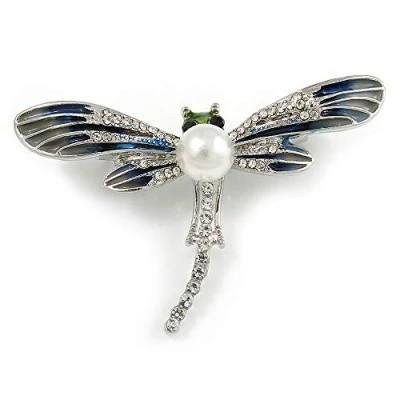 Immagine di Avalaya Spilla a forma di libellula smaltata blu/grigio con perle finte in metallo argentato, 50 mm diametro