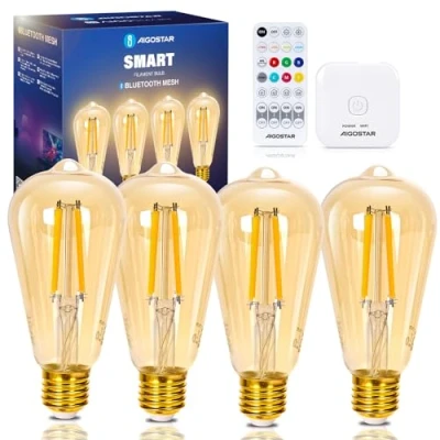 Immagine di Aigostar Meh Lampadine Alexa Intelligente Bluetooth Mesh ST64, Vintage Smart LED E27 6W 2700K 6500K Dimmerabile, Lampadina Compatibile Con Alexa, 4 Pezzi(Con Telecomando e Gateway)