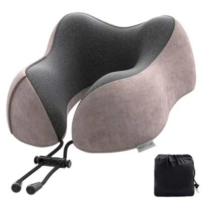 Immagine di cuscino cervicale aereo, da viaggio per auto, in memory foam, con rivestimento vellutato, adulti, viaggi, campeggio, ufficio e casa (rosa chiaro)