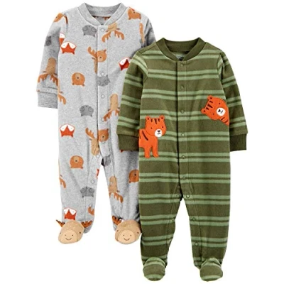 Immagine di Simple Joys by Carter&#039;s 2 Pack Fleece Footed Sleep And Play Dormienti per Neonati e Bambini, Grigio Animali della Foresta/Verde Oliva Tigrata, Prematuro (Pacco da 2) Bimbo