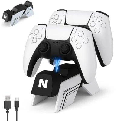 Immagine di NiTHO Caricatore per Controller PS5 e Edge, Doppia Stazione di Ricarica Compatibile con Playstation 5 Controller, Carica Rapida Base 2x Cavo USB Bianco