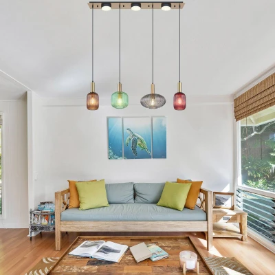 Immagine di GLOBO LIGHTING Lampadario a sospensione con 4 ombrelli in vetro, multicolore, lunghezza 115 cm