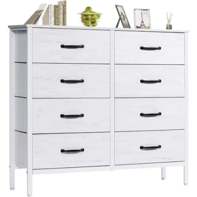 Immagine di LYNCOHOME Comò, cassettiera con 8 cassetti in tessuto, per camera da letto bianca, mobile contenitore, cucina, ufficio, corridoio, TV
