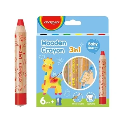 Immagine di Keyroad JUMBO KR972328 Pastelli a cera in legno 3 1, solubili acqua, 6 pezzi, più un temperino/matite colorate per bambini, ragazzi adulti/bambini, atossici, multicolore
