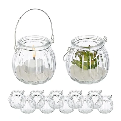 Immagine di Relaxdays Vasetti Portacandele, Set 12, Vasi in Vetro, Bicchieri Lanterne, Manico, HxD 7,5 x 8 cm, Trasparente Argentato, 80% 20% Ferro