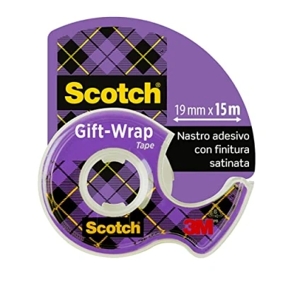 Immagine di Scotch Nastro Adesivo GiftWrap 1 Rotolo da 19 mm x 15 m, Dispenser Portatile Trasparente Satinato Utilizzare sulla Carta Regalo