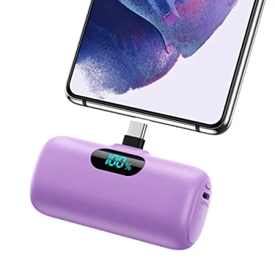 Immagine di Feob Mini Power Bank USB C 5000mAh, 15W PD 3.0A Carica Rapida Caricabatterie Portatile Compatta e Carino Powerbank Batteria Esterna con LED Display per iPhone 16/15 Pro Samsung, ecc Viola