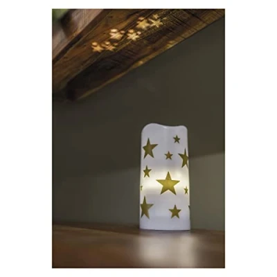 Immagine di EMOS Robusta candela a LED con proiettore, motivo stelle, in plastica, bianco caldo, dimensioni 7 x 15 cm, funzionamento USB o batteria (3 AAA), durata 10.000 ore, IP20 per interni, DCPW03