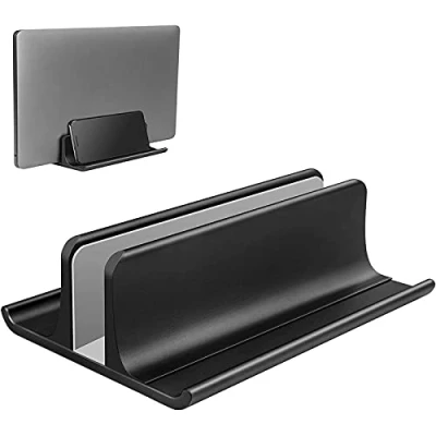 Immagine di VAYDEER Supporto Verticale per Laptop, PC Portatile in Alluminio, Design Curvo su Entrambe le Estremità, può Posizionare Laptop e Telefono allo Stesso Tempo, Salvaspazio Nero