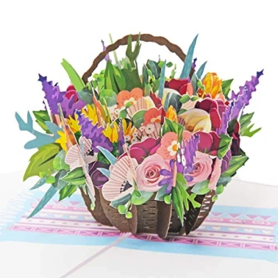 Immagine di Favour Pop Up® Biglietto d&#039;auguri in 3D, un cesto di fiori colorati per deliziare ogni amante dei occasione del suo compleanno o della sua guarigione. TF059