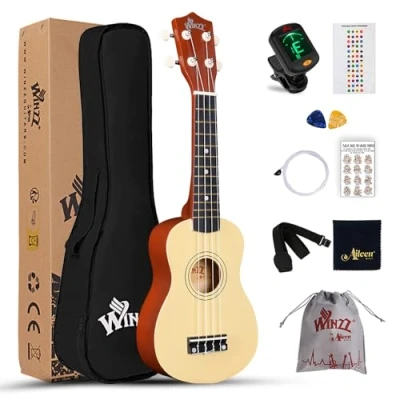 Immagine di Winzz Kit di base per ukulele soprano principianti, con custodia, sintonizzatore clip on, corde aggiuntive, cinghia, plettro, adesivo tastiera, carta accordo, panno lucidante, colore naturale